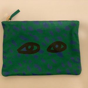 Clare V Flat Clutch Green and Blue with Black Eyes Gold Zipper Closure